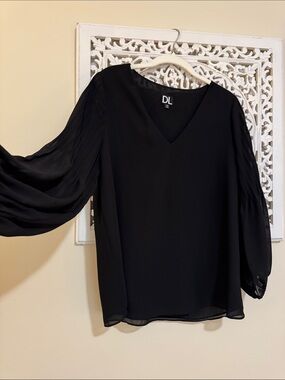 Black V-Neck Pleated Sheer Balloon Sleeve Blouse